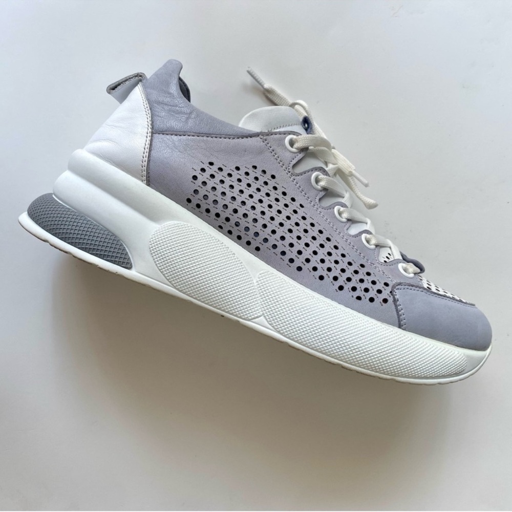 Stylish Gray and White Sneakers Perforated Leather Chunky Heels Size 8